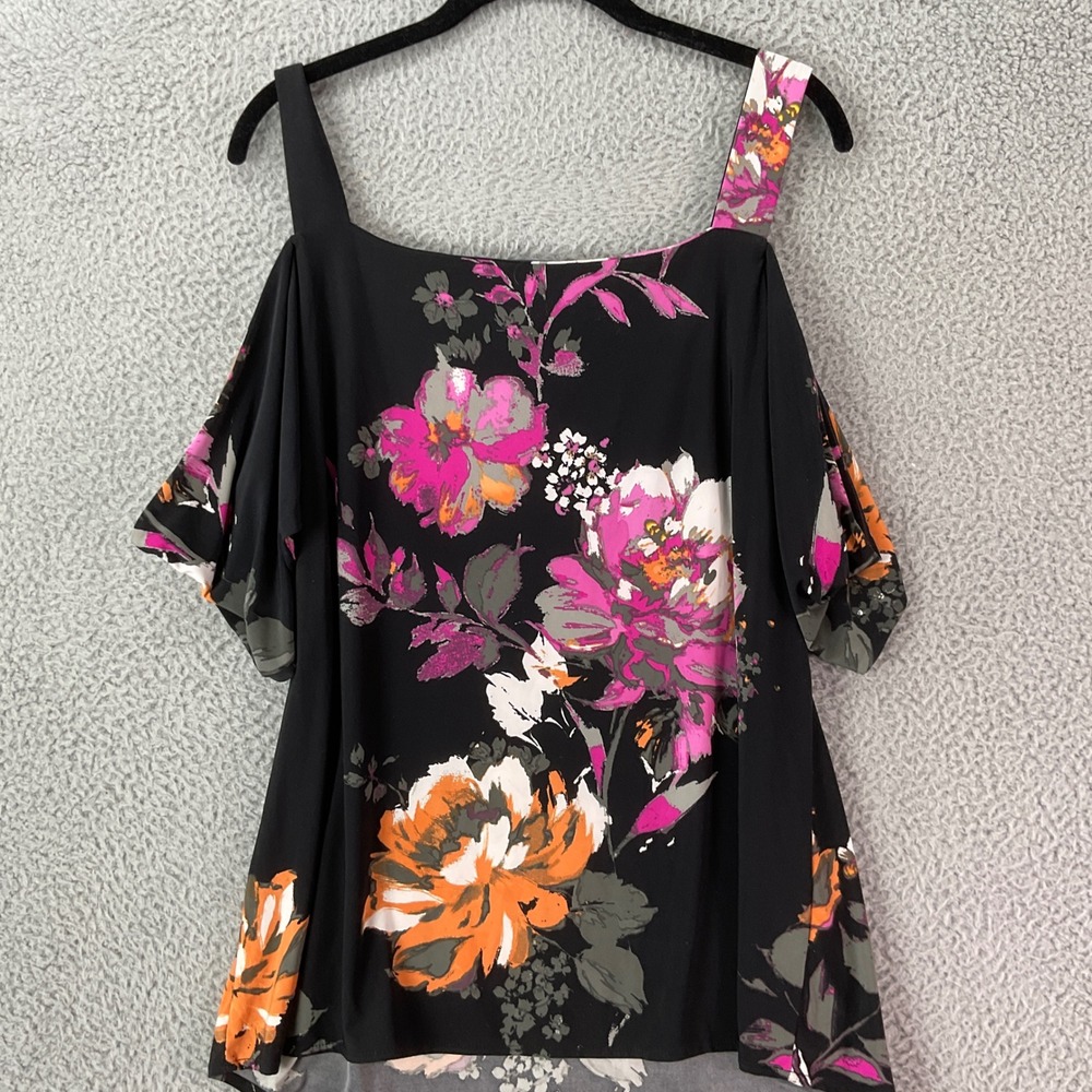 Floral Cold-Shoulder Women's Top in Black with Pink & Orange Blooms - Picture 2 of 6